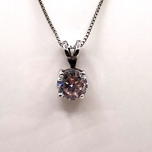 Sterling Silver Large Faceted Clear Crystal Solitaire Pendant and Chain Necklace - Picture 2 of 7